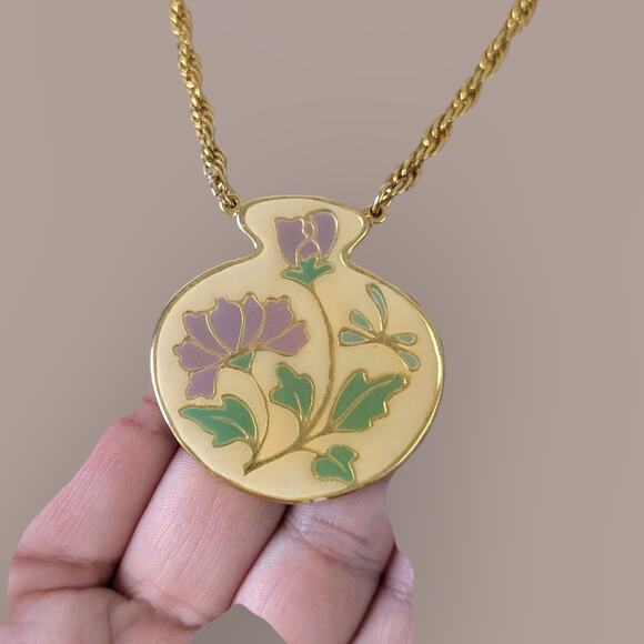 VTG Signed THAILAND Enamel PENDANT NECKLACE Asian Flower Art 24" Chain - Picture 1 of 5